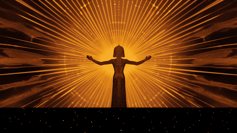 a digital art image of Aten, the sun god of ancient Egyptian mythology. Depict Aten as a radiant sun disk with long, cascading rays extending down. Each ray should end in a small hand reaching out in a sign of life-giving benevolence. The color palette should consist of deep golds and bright yellows to evoke the warmth and brilliance of the sun. The scene should be majestic and awe-inspiring, befitting the divine status of Aten. The background could contain faint outlines of ancient Egyptian landscapes, with the Nile river and palm trees, to place Aten in context but not overshadow his glory. Render this image with utmost care for intricate details, vibrant colors, and a grandiose atmosphere.