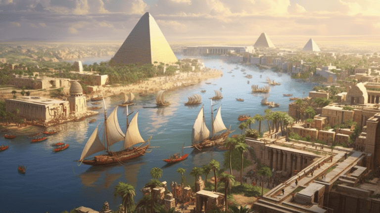 a digital art depiction of Egypt during the reign of Pharaoh Amenhotep III. This scene should capture the grandeur and prosperity of his rule, showcasing grand architectural wonders, such as majestic temples, bustling markets, and colossal statues. The River Nile should be teeming with activity, with ships ferrying goods and people across its expanse. Citizens, nobles, and priests should be shown engaged in their daily routines, reflecting the tranquility and richness of life during this era. The backdrop should feature the sprawling desert with the Pyramids and the Sphinx in the distance, under the radiant Egyptian sun. Render this in a highly detailed and photorealistic style in the highest quality possible.