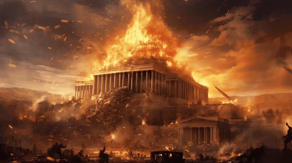 For your high-quality digital art depiction in a 16:9 aspect ratio, illustrate the tragic scene of the Library of Alexandria engulfed in flames. The sky is choked with billowing smoke, and bright tongues of fire leap from windows and rooftops of the once-grand structure. Scholars and citizens alike are in panicked disarray, some trying desperately to save precious scrolls and texts, while others flee in horror from the destruction. Firefighters of the ancient world work frantically, using primitive tools and methods in a futile attempt to control the blaze. The surrounding streets are filled with chaos and confusion, the faces of onlookers reflecting disbelief and grief. In the foreground, a scholar clutches a rescued scroll, his face etched with despair and loss. In the background, the city of Alexandria watches as one of its most treasured landmarks is consumed. The glow of the fire reflects in the waters of the nearby harbor, and the silhouettes of docked ships add to the complexity of the scene.
