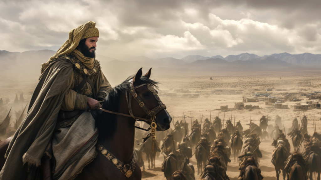 In a 16:9 aspect ratio, visualize the Almoravids of the 11th century, a formidable Berber dynasty known for their military might and cultural influence. The scene is set on a vast, open battlefield, capturing the tension and anticipation of the Almoravid warriors before a significant engagement. They are dressed in traditional warrior garb, with distinctive turbans and protective armor. Their faces show determination and focus, reflecting their reputation as disciplined and skilled fighters. The Almoravid banners flutter in the wind, emblazoned with symbols that represent their identity and strength. In the background, the landscape is a mix of the arid Saharan expanse and the lush oases that dot the region, symbolizing the diverse territories under Almoravid control. The sun casts long shadows, adding a dramatic effect to the scene. Capture this moment using version 5.1 to emphasize the details of the warriors' attire, the dynamic formation of the troops, and the stark beauty of the 11th-century North African landscape, all contributing to a powerful portrayal of the Almoravids.