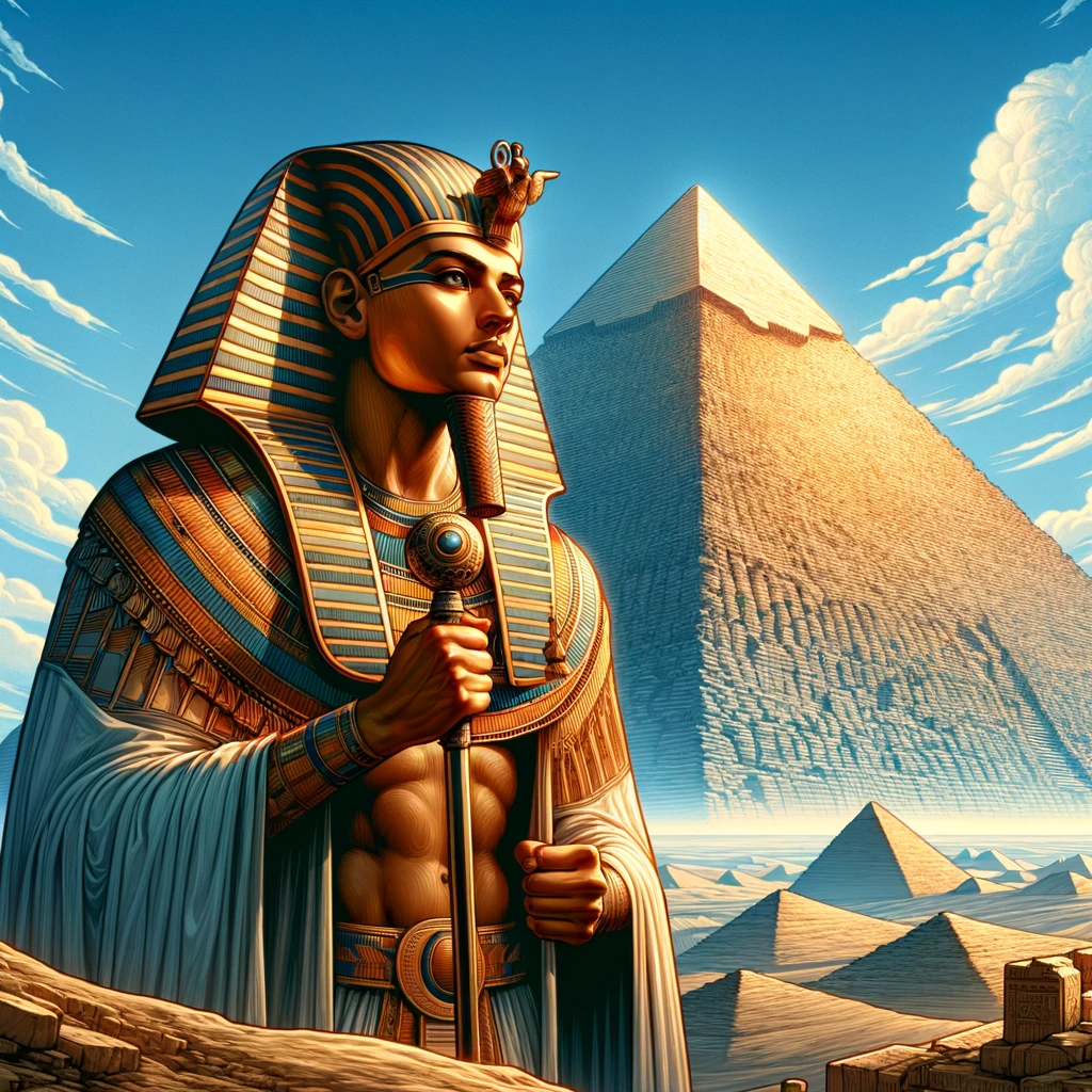 This digital illustration depicts Pharaoh Khufu in traditional attire, holding a scepter, with the Great Pyramid of Giza in the background