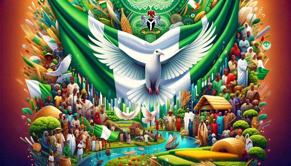 Artistic representation of the Nigeria flag with green-white-green stripes, surrounded by symbols of Nigerian culture, agriculture, peace, and unity among diverse ethnic groups.