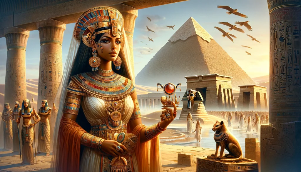 Illustration of Queen Hetepheres I with the Great Pyramid of Giza in the background, symbolizing her royal legacy in ancient Egypt.